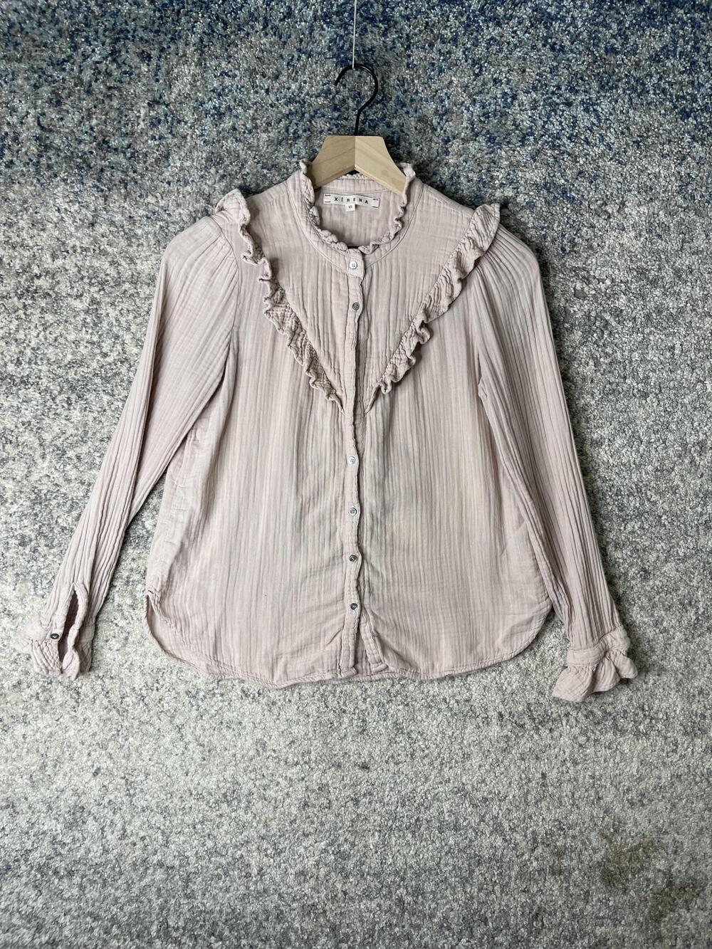 Xirena Shirt Womens XS Pink Ruffle Button Front Long Sleeve 100% Cotton Made USA